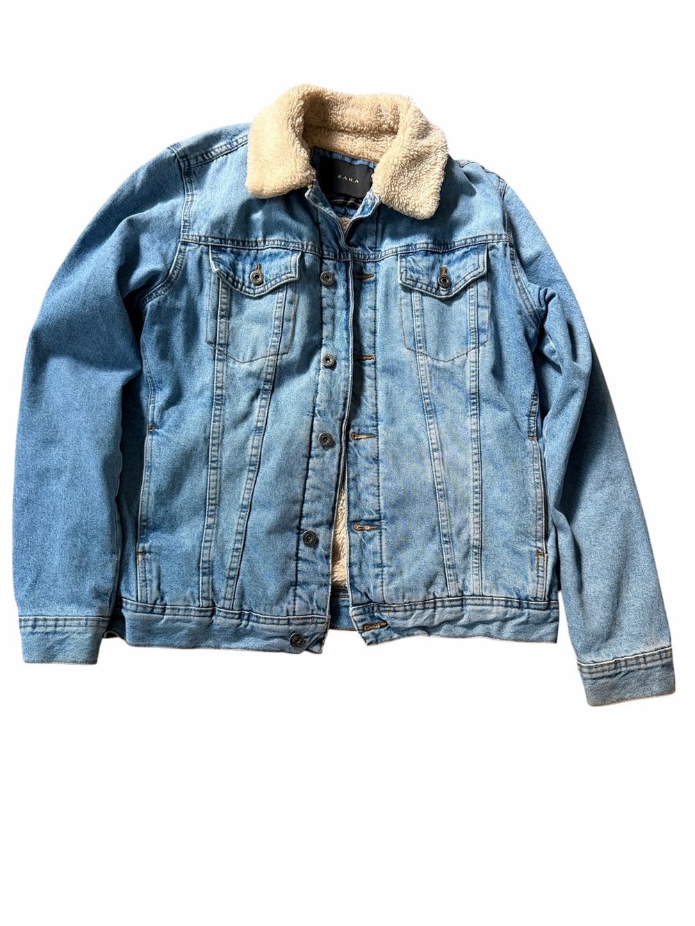 Men’s Zara Denim Trucker Jacket with Sherpa Collar - Light Blue & Beige